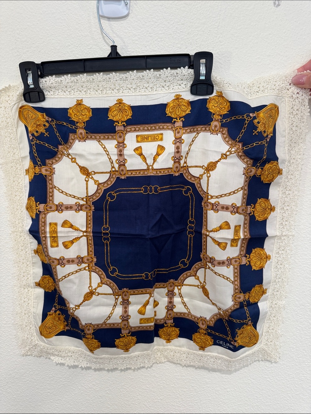 Celine Navy, White & Gold Chain-Print Silk Scarf with Tassel Motifs, 19x19